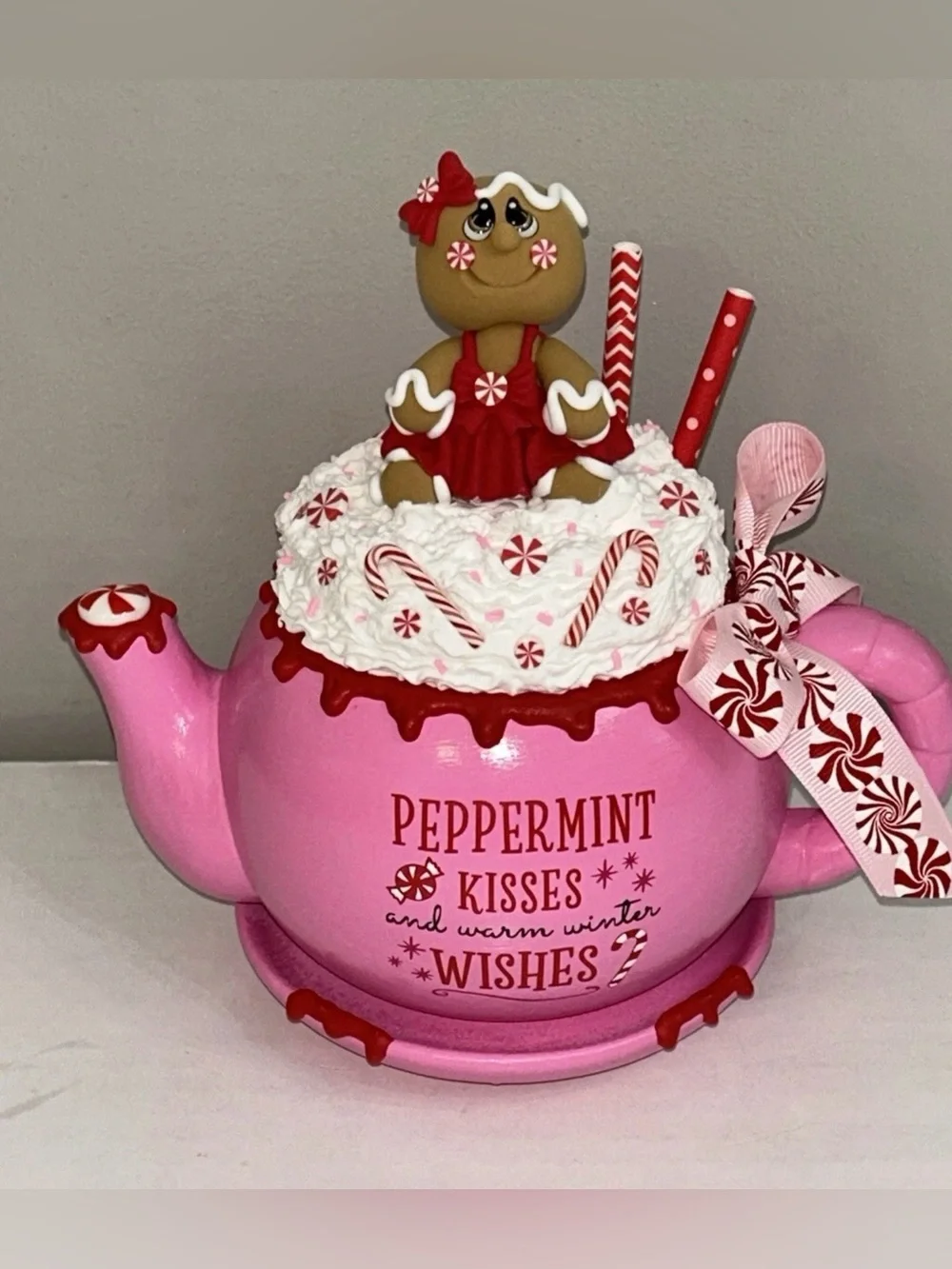 Peppermint Kisses Warm Winter Wishes Fake Gingerbread Dessert Teapot Handmade